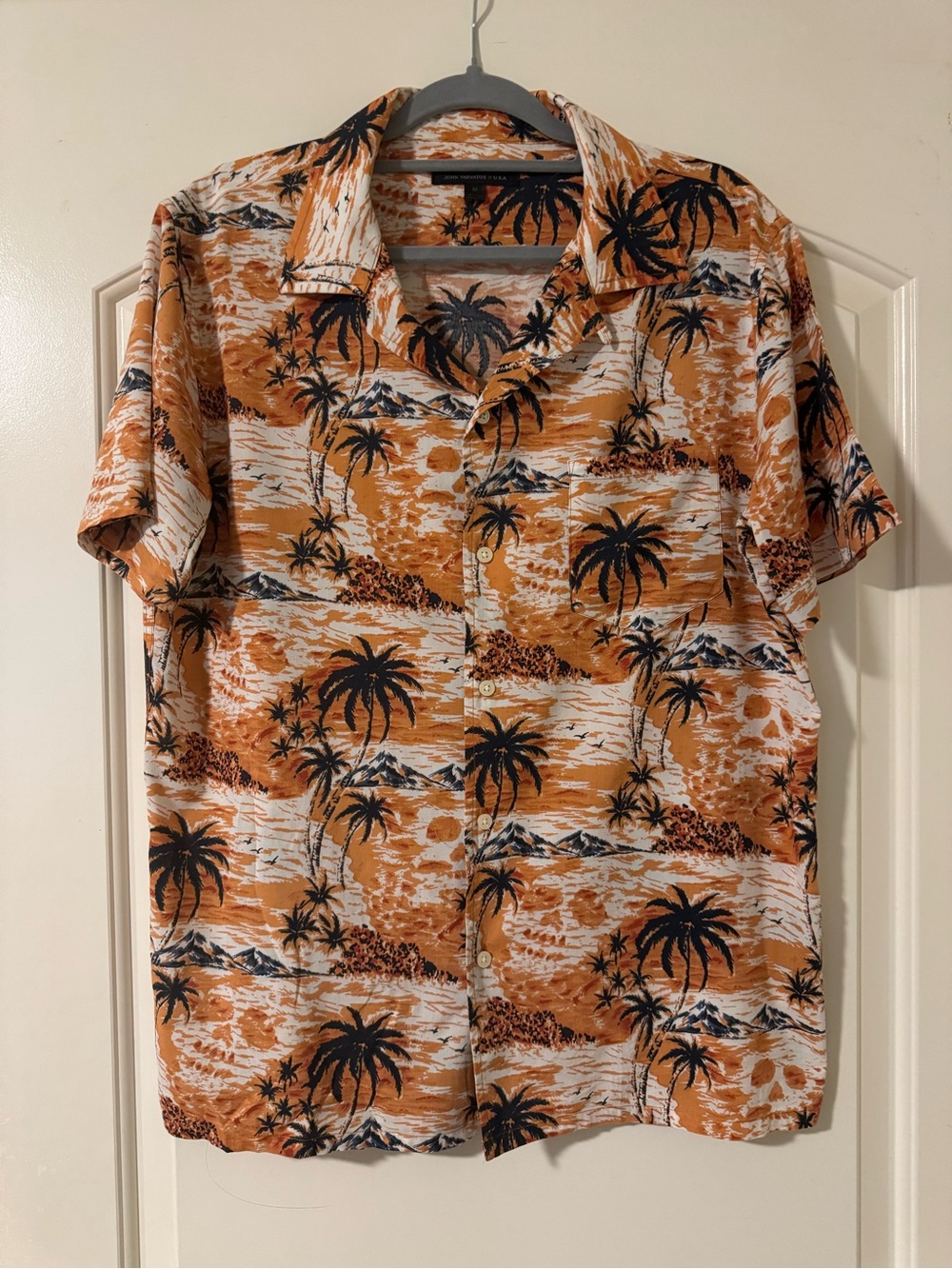 John Varvatos Orange and Black Palm-Print Short Sleeve Button Shirt